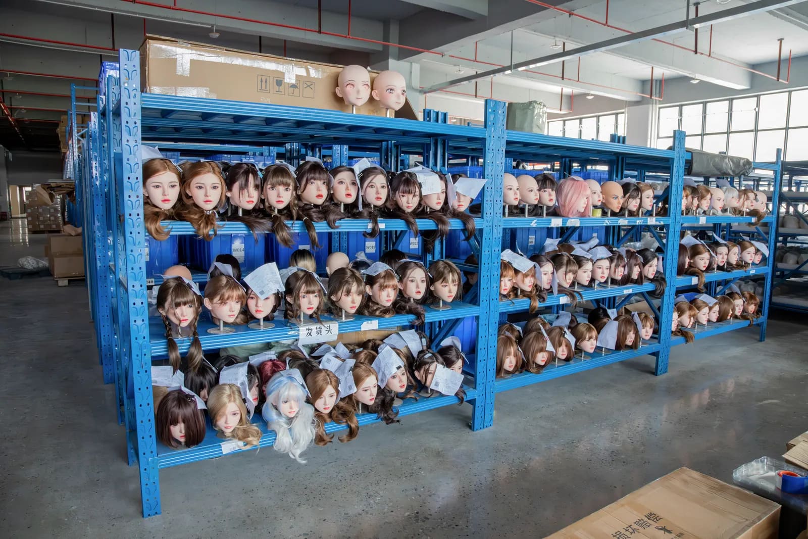 Finished doll heads organized by model on warehouse shelving